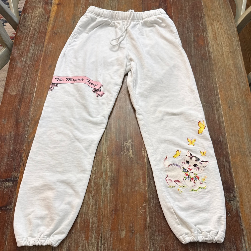 The Mayfair Group White Kitten & Butterflies Graphic Joggers - Size XS